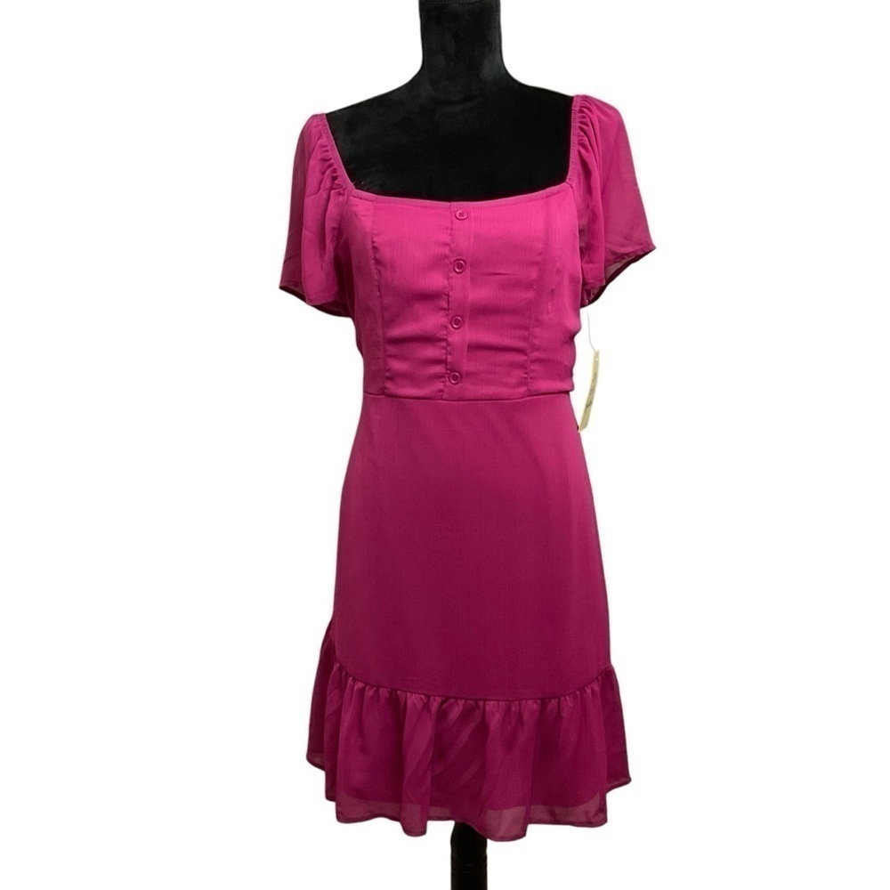 Magenta Square Neck Ruched Mini Dress